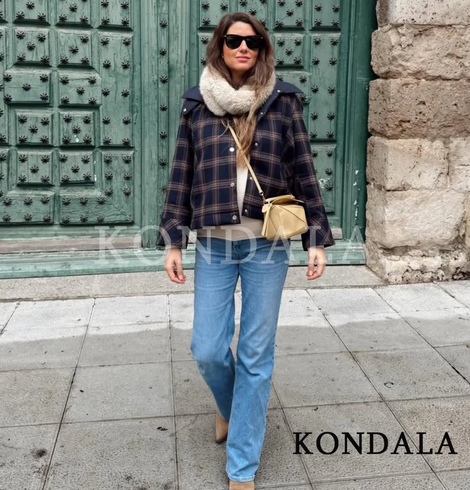KONDALA Trendige High-Street Karierte Kapuzenjacke für Damen, Lockere Knopfjacke, Frühling/Herbst 2026, Modische Casual Pendler-Damenjacke