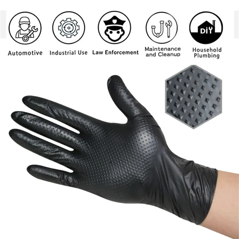 8Mil Heavy Duty Black Nitrile Gloves Disposable Safety Work Gloves for Cleaning Industrial Mechanic Auto Raised Diamond Textured