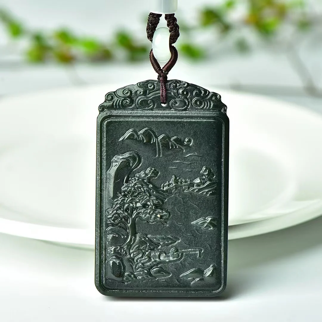 Hetian Green Jade Double-sided Carved Landscape Square Plate Pendant Jewelry 10511#，