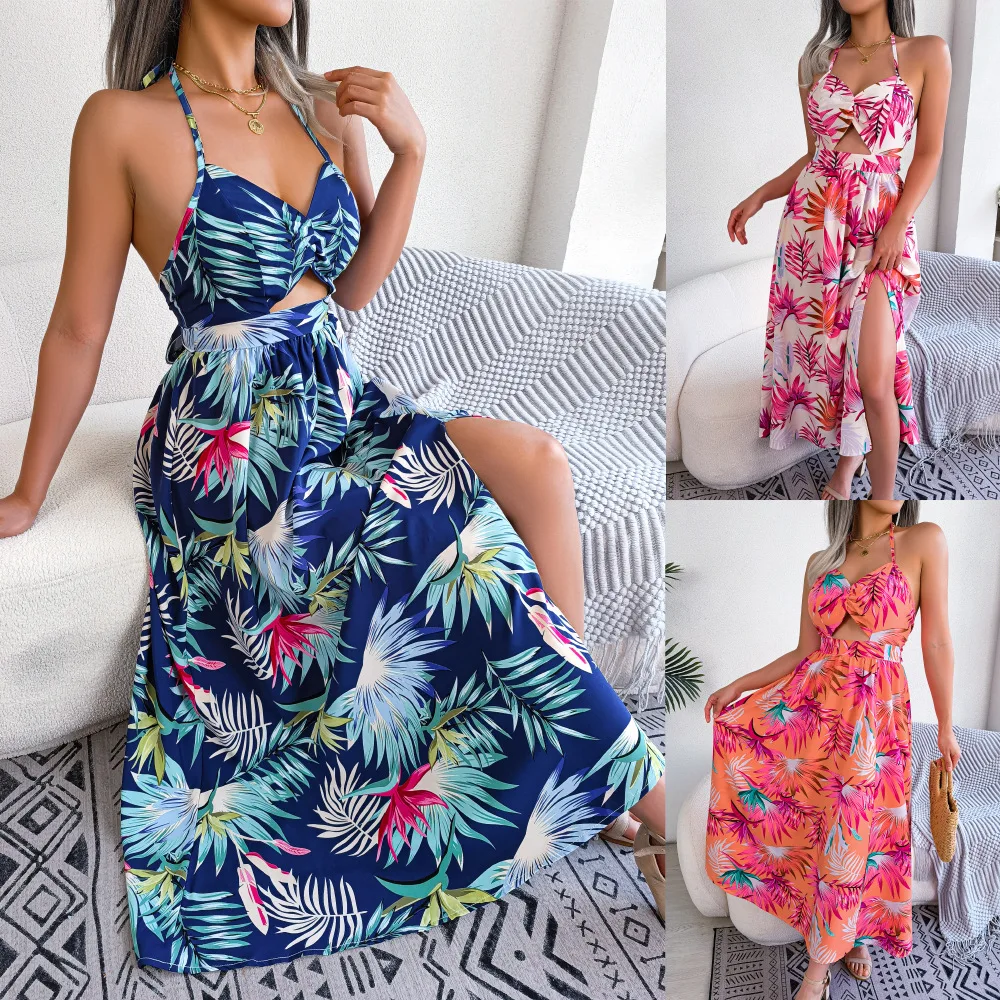 

Feminine Backless Lace Up Dress Elegant Robe 2024 Summer Duo Sleeveless Hollow Suspended Dress Holiday Beach Dress Y2k Fashion