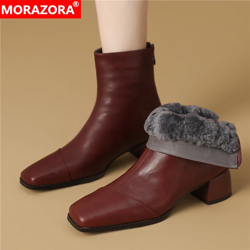 

MORAZORA, размеры 34–42, зимние ботинки из натуральной шерсти, женские зимние ботинки на молнии из натуральной кожи на массивном каблуке, модные зимние ботильоны
