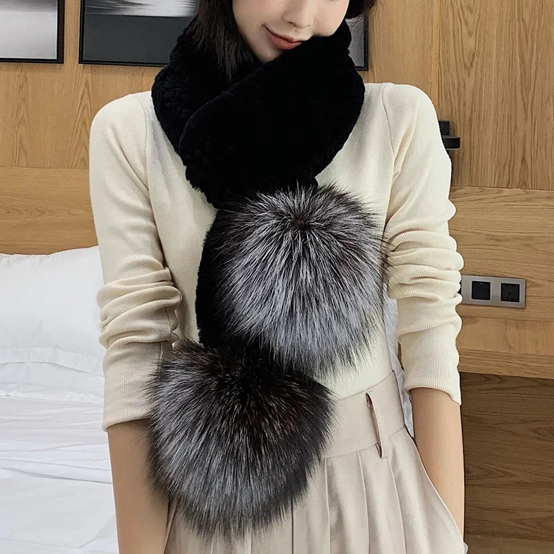 Rex Rabbit Hair Scarf Silver Fox Hair Ball Fur Scarf Encryption Thickened Fur Scarf