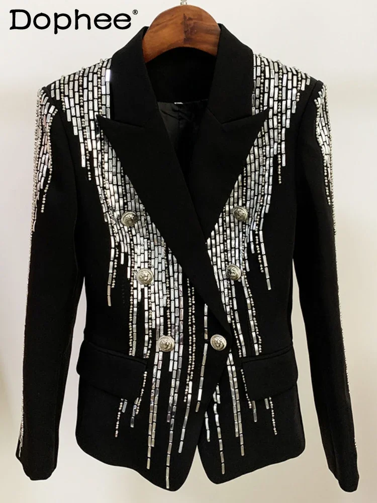 

Double Breasted Heavy Industry Beads Slim Black Blazers Female 2023 Autumn and Winter New Sequined Jacket Coat Women