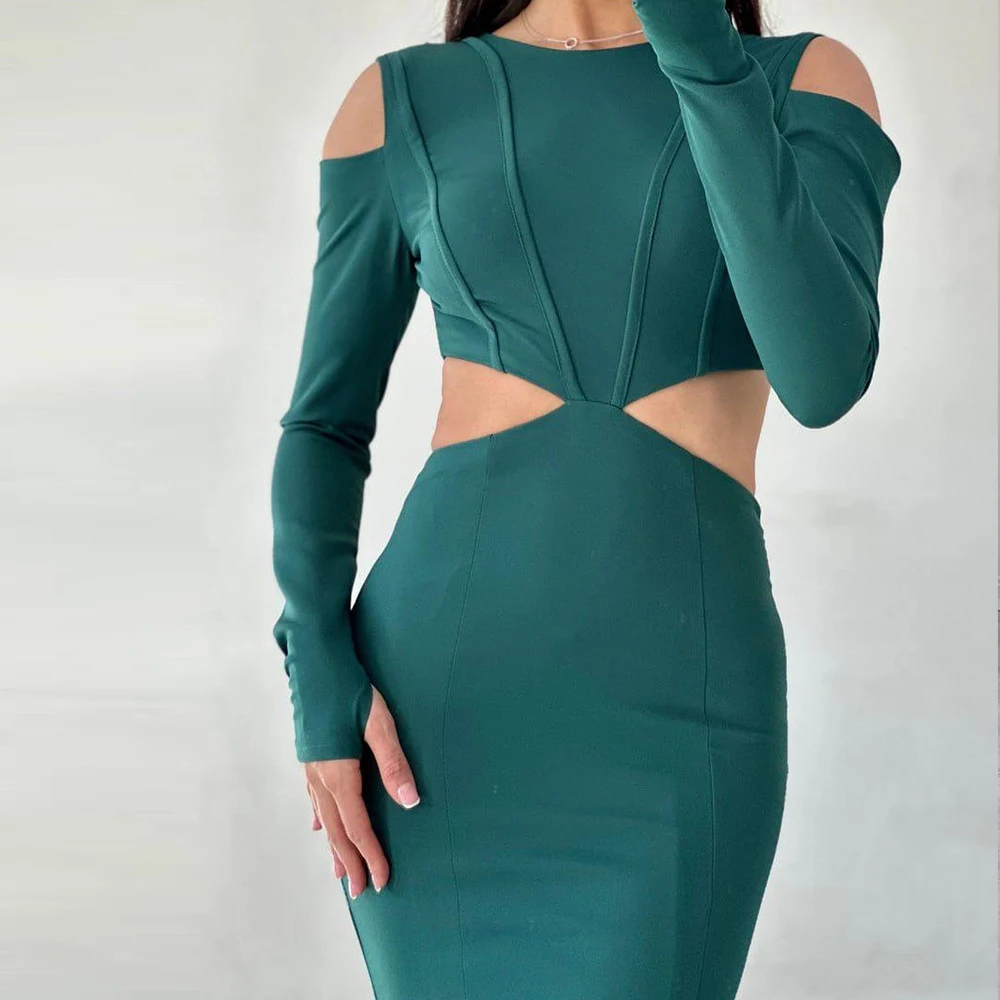 Mermaid O-neck Jersey Long Sleeves Off the Shoulder Photo Color Fashion and Modern Evening Dresses Pleats Saudi Arabia 2024