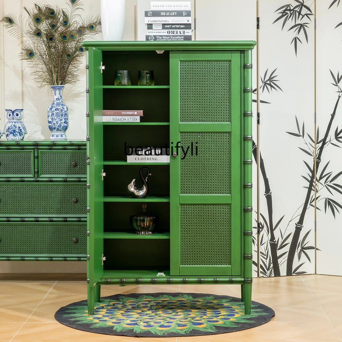 ls Retro handmade old green natural rattan magazine storage cabinet American furniture