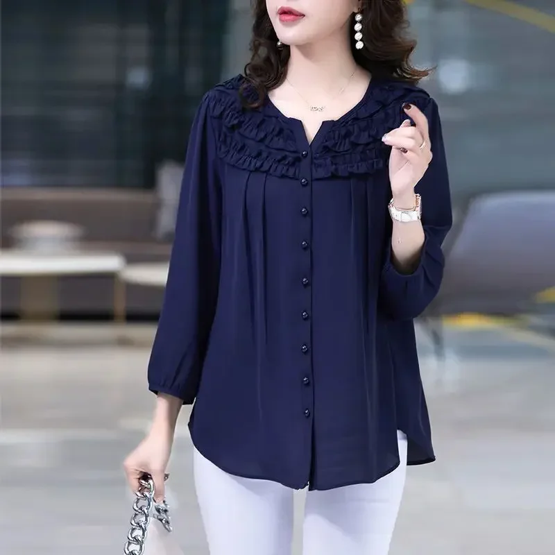 

Oversized Nine Quarter Sleeve Chiffon Blusas For Mom Causal Camisas Korean Fashion Top Chic Elegant Blouse Loose Shirt E25