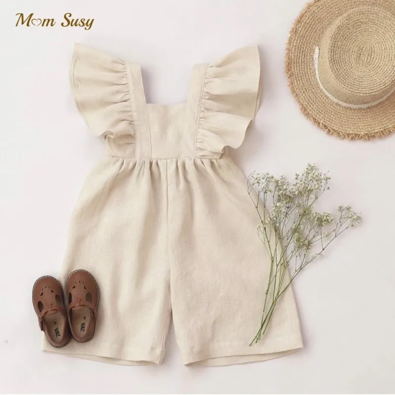 

Fashion Baby Girl Linen Cotton Ruffled Jumpsuit Summer Infant Toddler Child Strap Romper Outfit Solid Color Baby Clothes 0-3Y