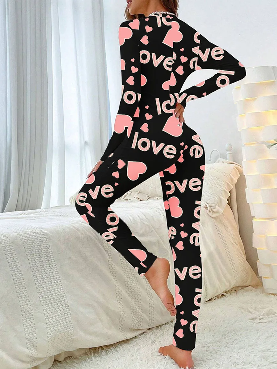 Valentines Day Women Jumpsuit Long Sleeve V Neck Button Closure Letters Heart Print Bodysuit Loungewear Sleepwear