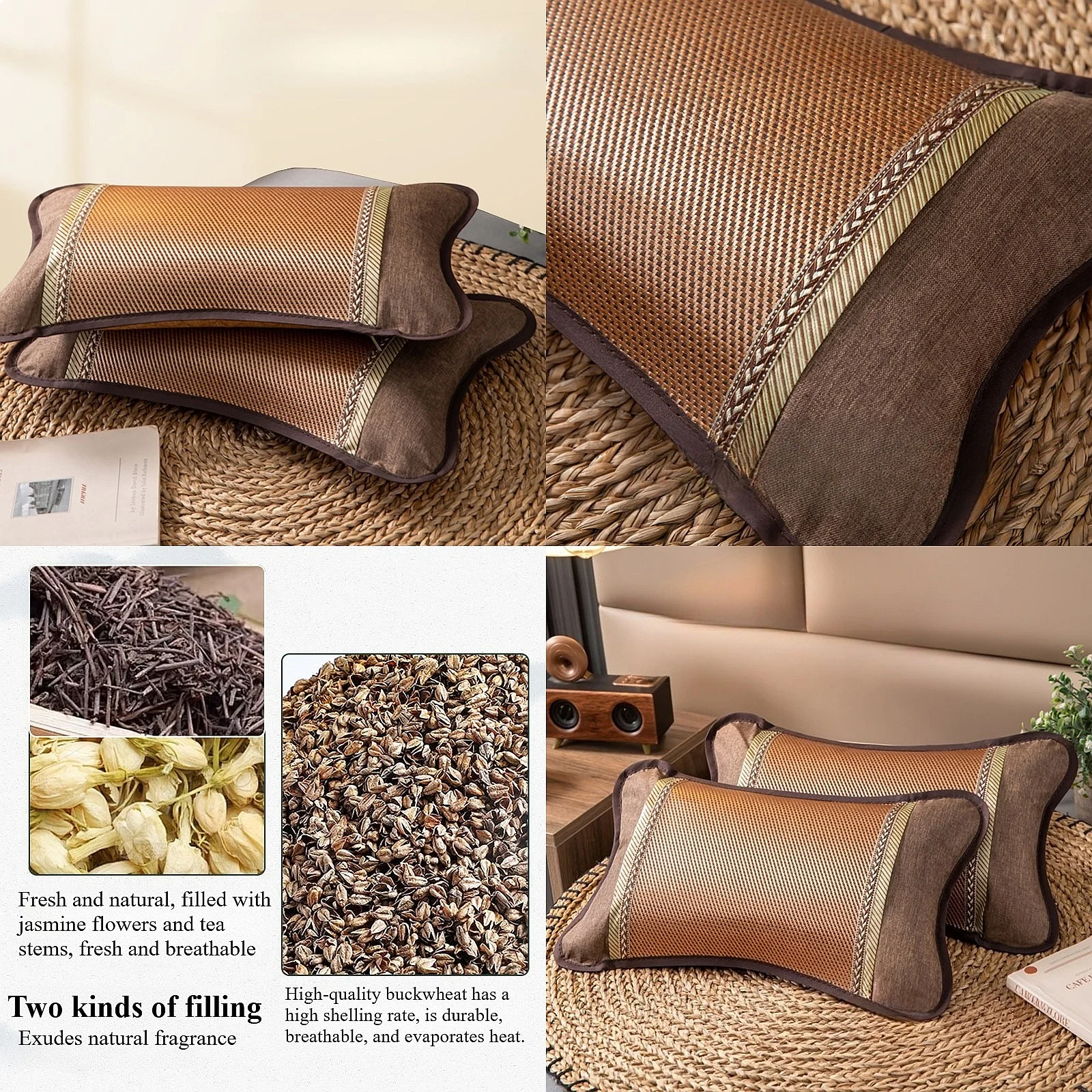 1PCS Summer Buckwheat Jasmine Filled Pillow Summer Ice Rattan Pillow Core Adult Cervical Spine Sleep Special Bamboo Pillow