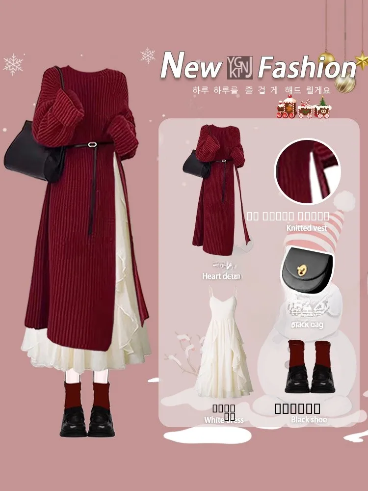 

Red Knitted Sweater And Dress Set Autumn Winter Gentlewoman Style Women's Fashion Ensemble Long Sleeve round Neck Dress Set