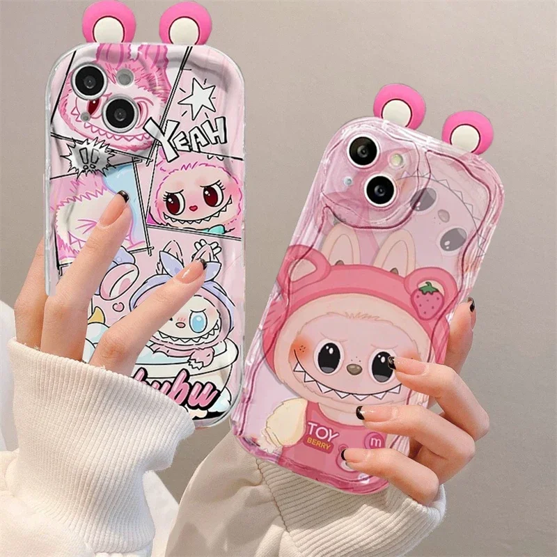 Cute Labubu 3D Ears Phone Case For OPPO Reno 12F 11F 12 11 Pro 4 5 6 7 8T Pro 7Z 8Z A18 A38 A94 A36 A76 A96 A58 A57 A98 Cover