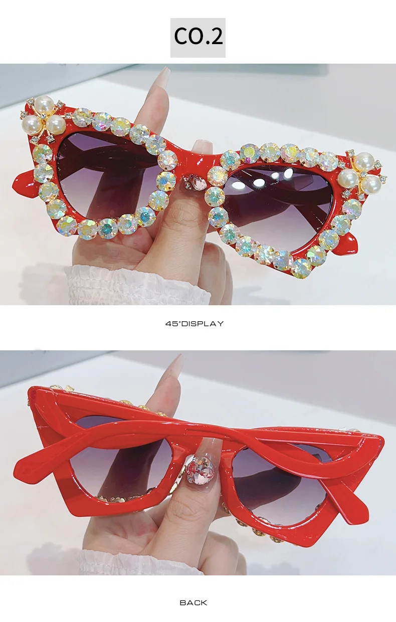 Glänzende Diamanten Cat Eye Sonnenbrille Frauen Luxus Perle Trends Punk Sonnenbrille weibliche Schatten UV400 Gradient Strass Brille – Detail 7