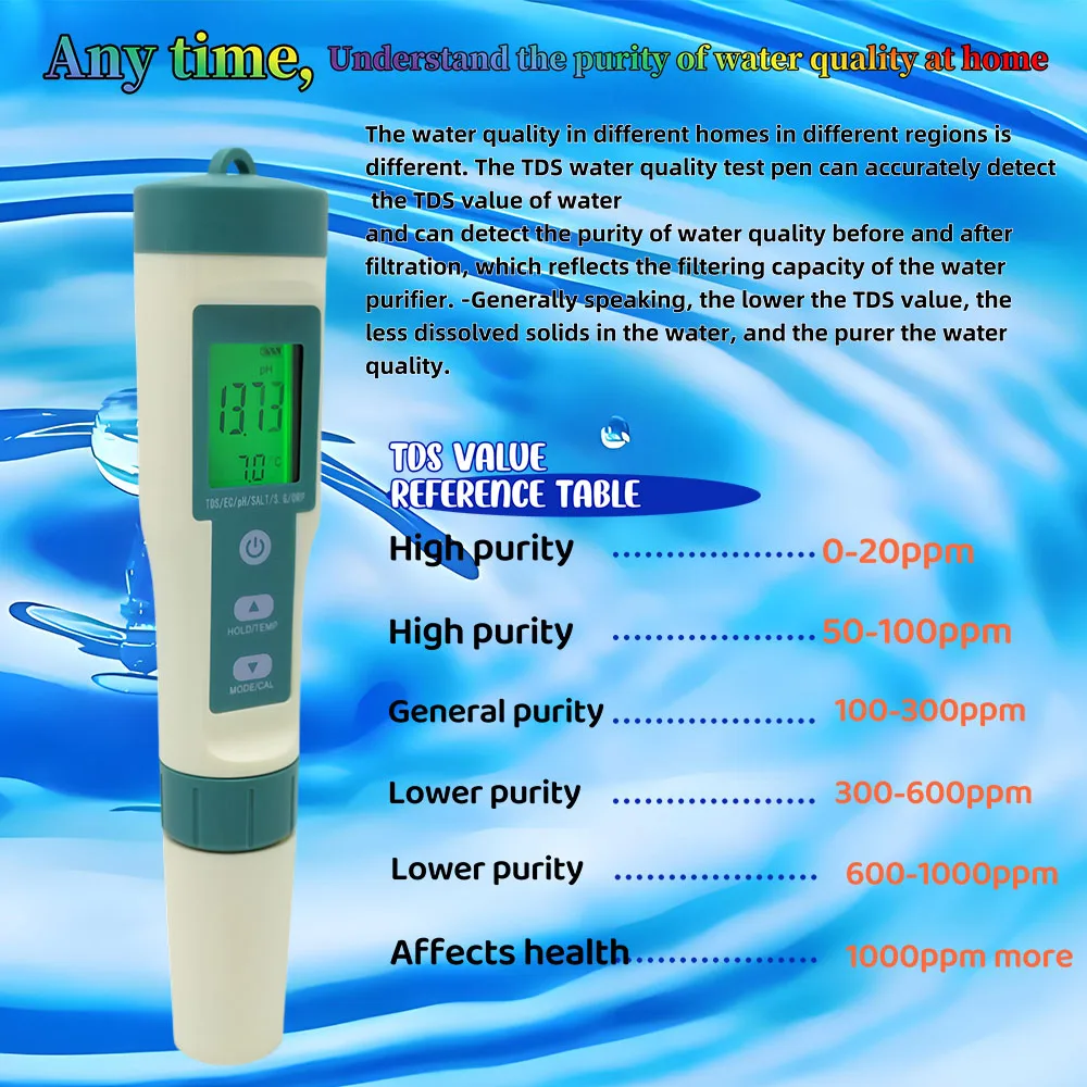 Water Quality Tester Pen 7 in 1 TEMP/Salinity/ORP/SG/PH/TDS EC Meter For Aquaculture Swimming pool