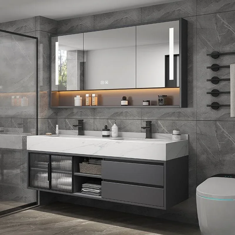 Luxury Bathroom Mirror Cabinet Double Basin Slate Integrated Ceramic Washbasin Bathroom Vanity Sink Cabinet Bathroom Furniture