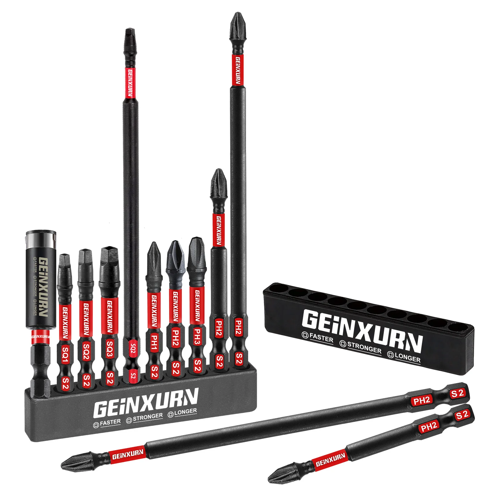 Geinxurn 10Pcs  2''/3''/6'' Impact Power Driver bit set ,Mixed S2 Alloy Steel Bit(PH,SQ) with Bit Holder and Storage Organizer