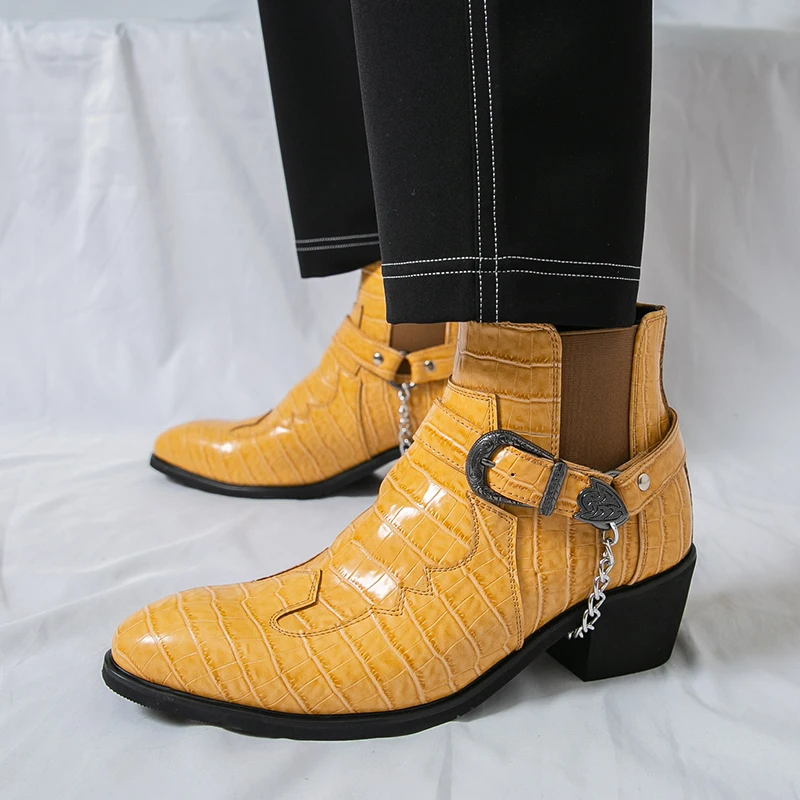 

New Men's Black Yellow Ankle Boots British Designer Botas Trend Casual High-tops Punk Rock Shoes