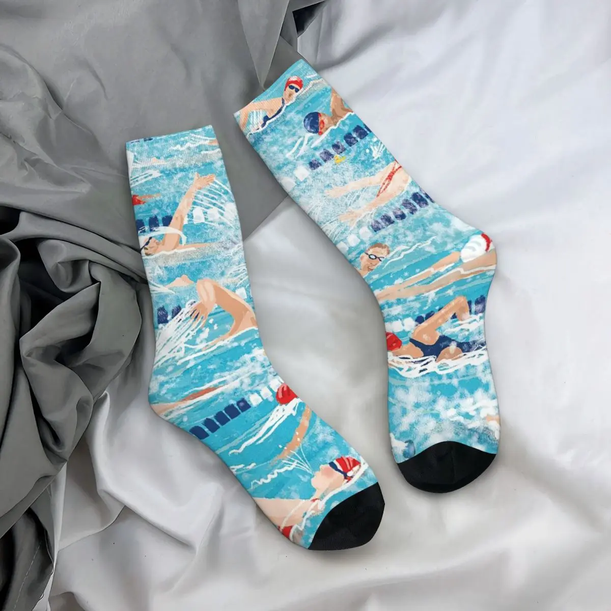 All Seasons Crew Stockings Cartoon Swimming In The Swim Pool Socks Crazy Hip Hop Long Socks for Men Women Valentine's Day Gifts