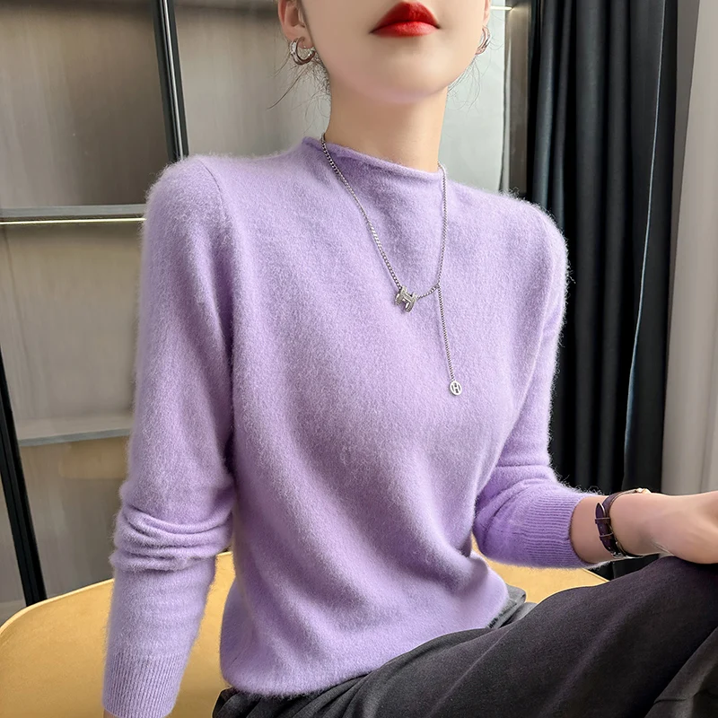 Women\'s pullover autumn/winter 100% cashmere sweater casual solid knit sweater half turtleneck fit Tops all-match basic Blouse