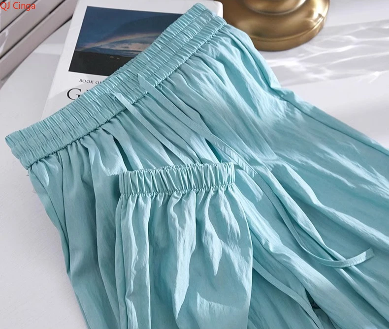 2026 Summer Women's Light Blue Drawstring Harem Pants Pink High-Waisted Cuffed Casual Pant Black Ankle-Length Pants.