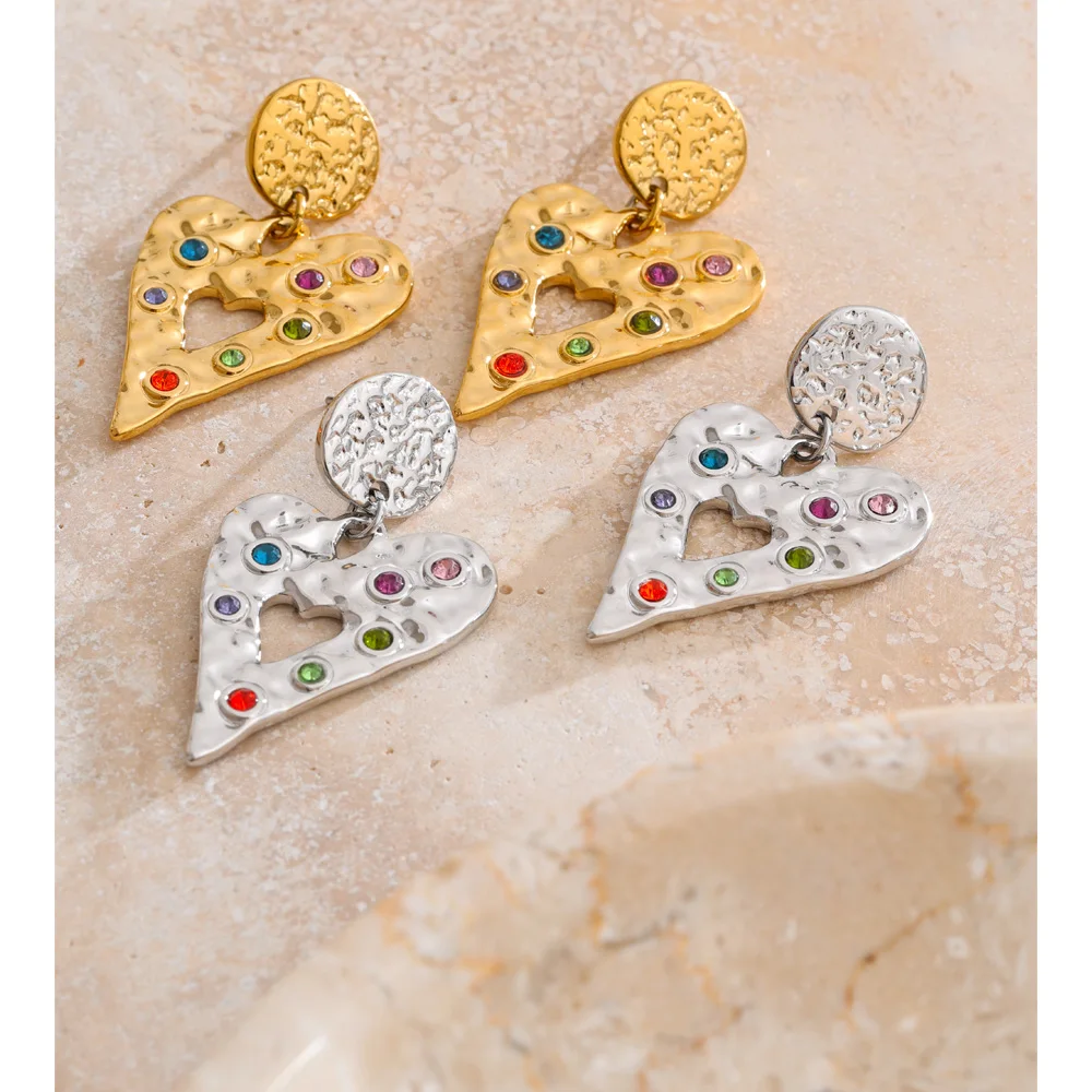 Yhpup Colorful Zirconia Hammer Metal Heart Drop Earrings Stainless Steel Trending Charm Jewelry Anti Allergic Accessories