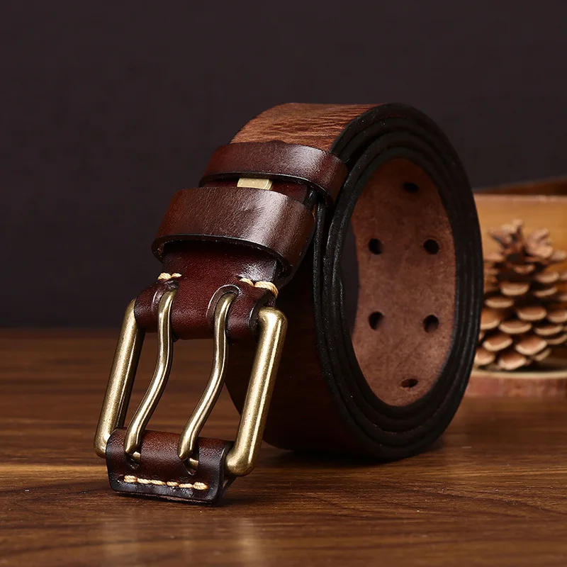 3.8cm Vegetable Tanned Men's Belt Genuine Leather First Layer Cowhide Belts Retro Casual Denim Double Pin Buckle Belt Men