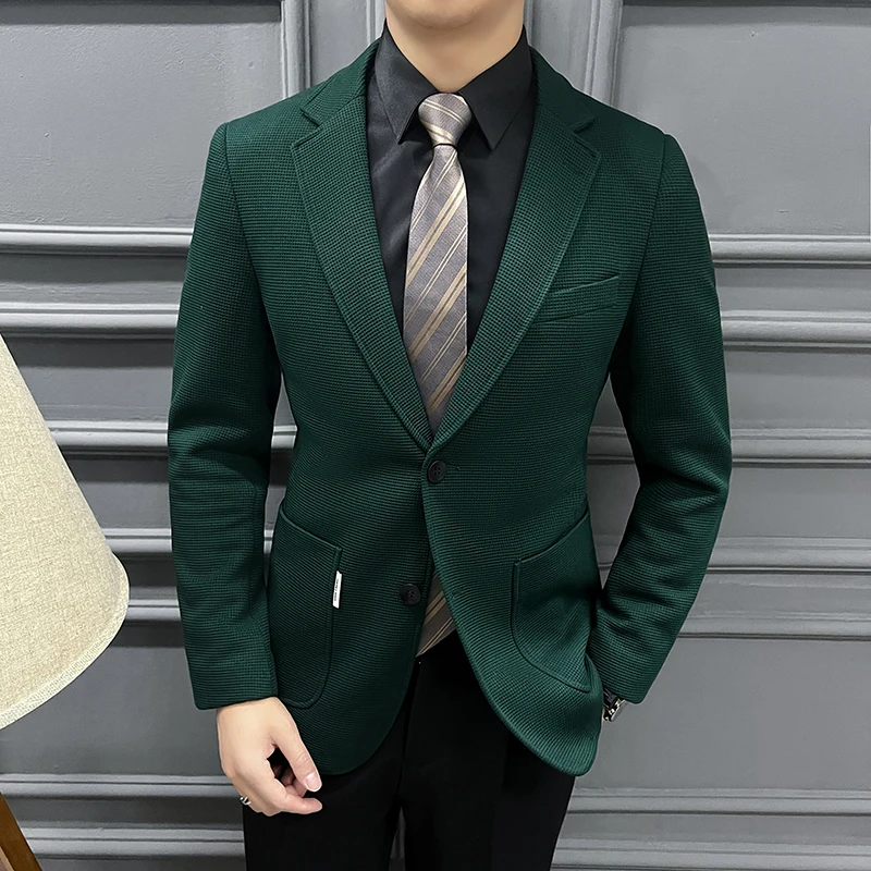 2024 High quality fashion handsome spring and autumn hot sell Waffle suit men\'s senior sense plaid suit green coat