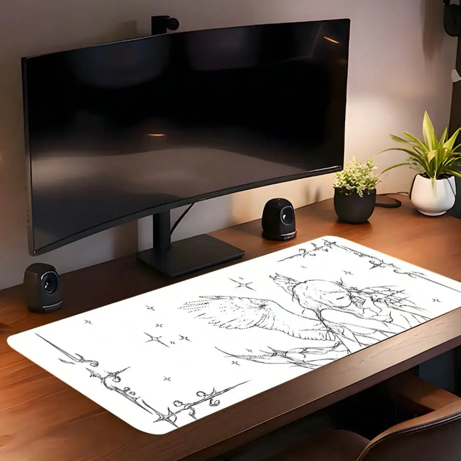 1pc Extra Large White Background Thorn Angel Line Art Mouse Pad, With Non-Slip Rubber Base And Stitched Edge Soft Fabric Keyboard Mat. Dark Vintage European