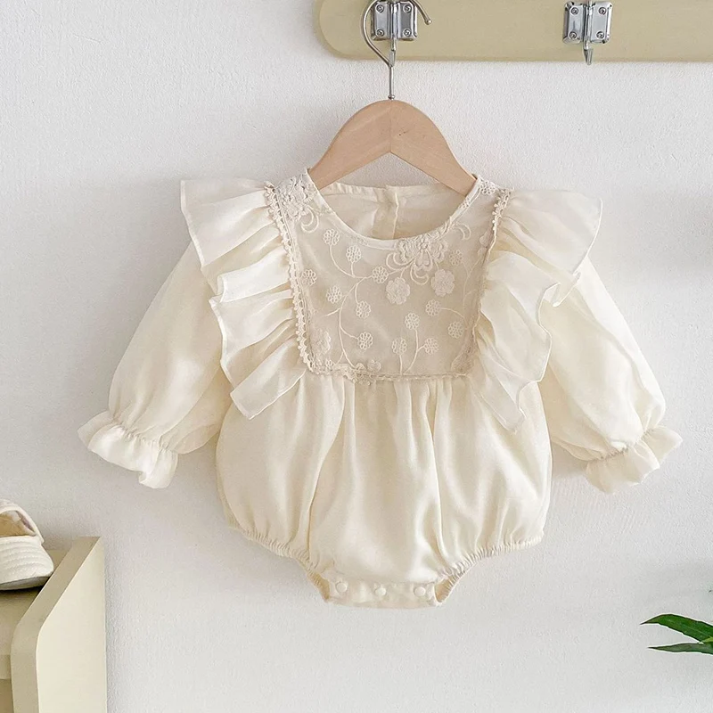 2024 New Autumn 0-24M Baby Clothing Toddler Baby Girl Romper Long Sleeved Cotton Embroidery Splicing Infant Baby Girls Jumpsuit