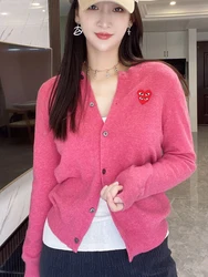 Autumn Winter Knitted Cardigan Embroidered Long Sleeve V-Neck Pink Heart Sweater Outerwear Trendy Japanese Brand Fashionable