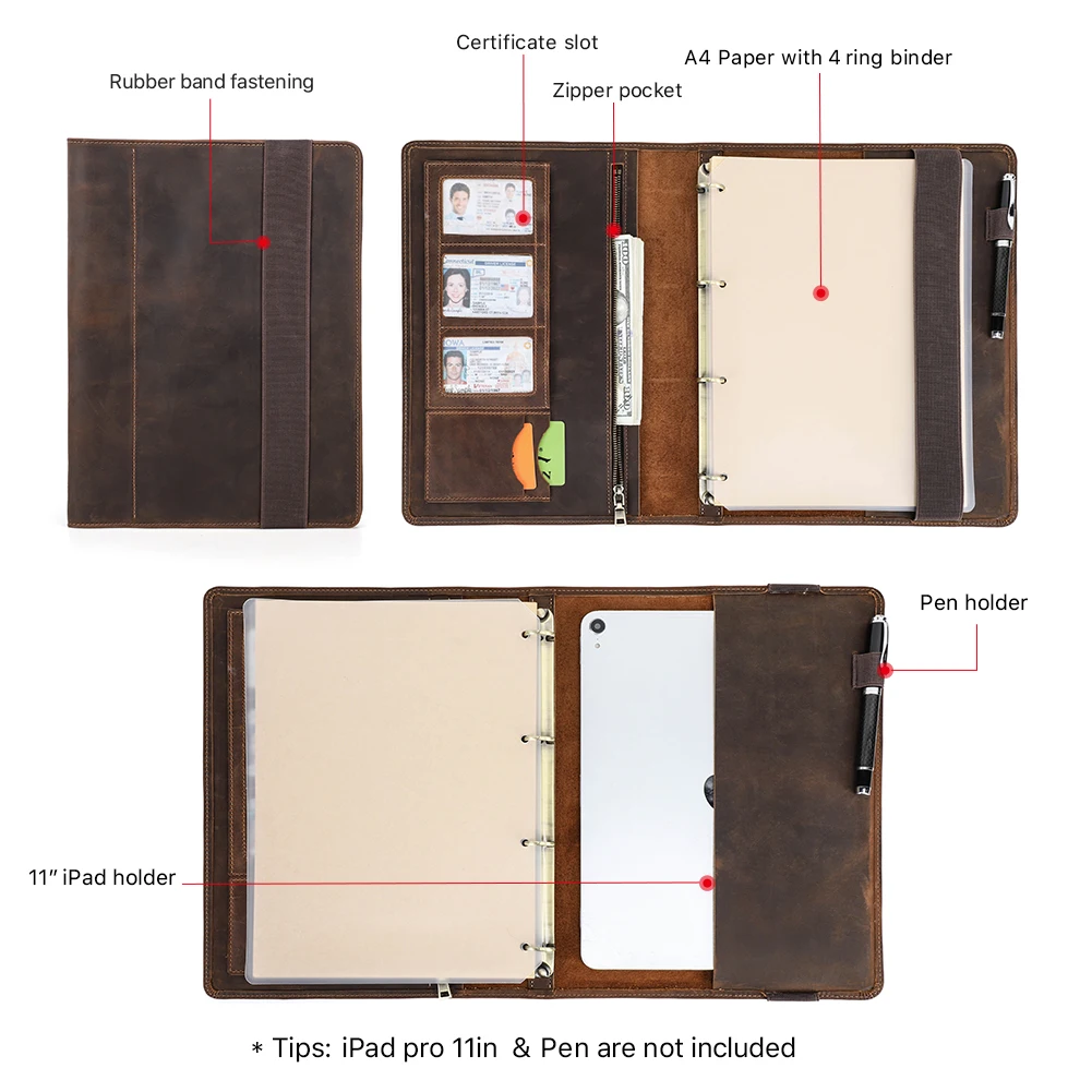 Luxury Retro Business A4 Notebook Leather Cover Portfolio with 4 Ring Binder Paper Ipad Pro 11 Holder Pen Card Slots Travel Case