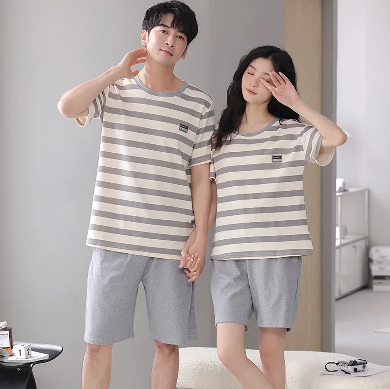 Big Size M-4XL Couple Pajamas Set Summer Short-Sleeved Sleepwear 100% Cotton Men And Women Home Suit