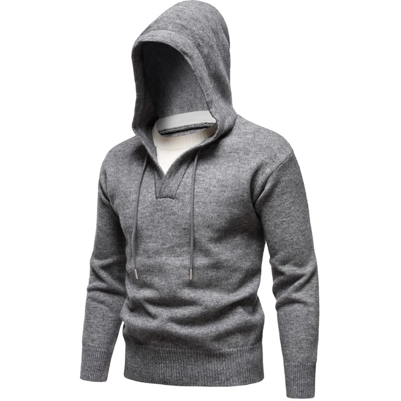 

Мужской повседневный вязаный свитер, осенне-зимний трикотаж с капюшоном для мужчин, искусственный джемпер из двух предметов, однотонный пуловер, топы