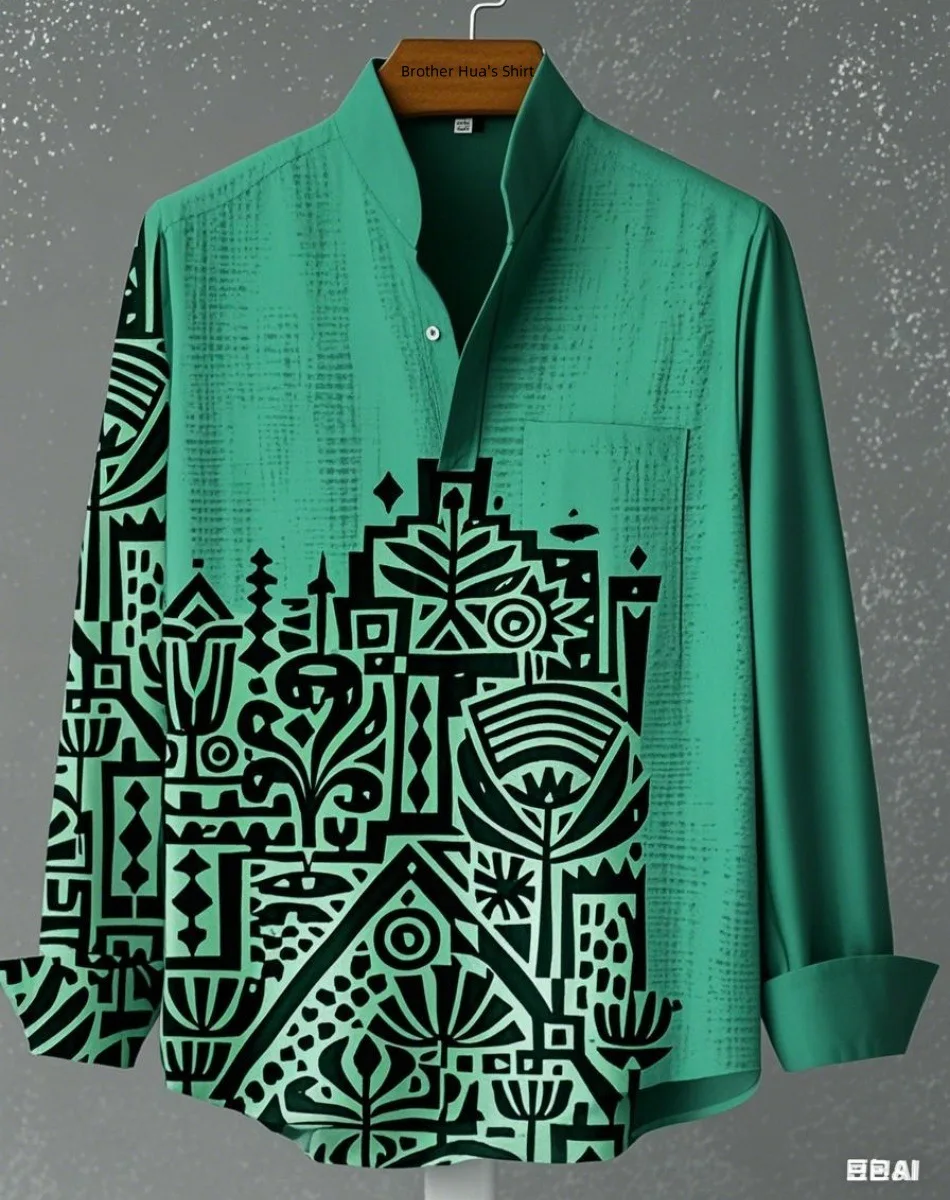 2025 Fashion New Men's Stand up Collar Linen Long Sleeve Shirt 3D Art Printed Simple Pattern Men's Casual Comfortable Large Size