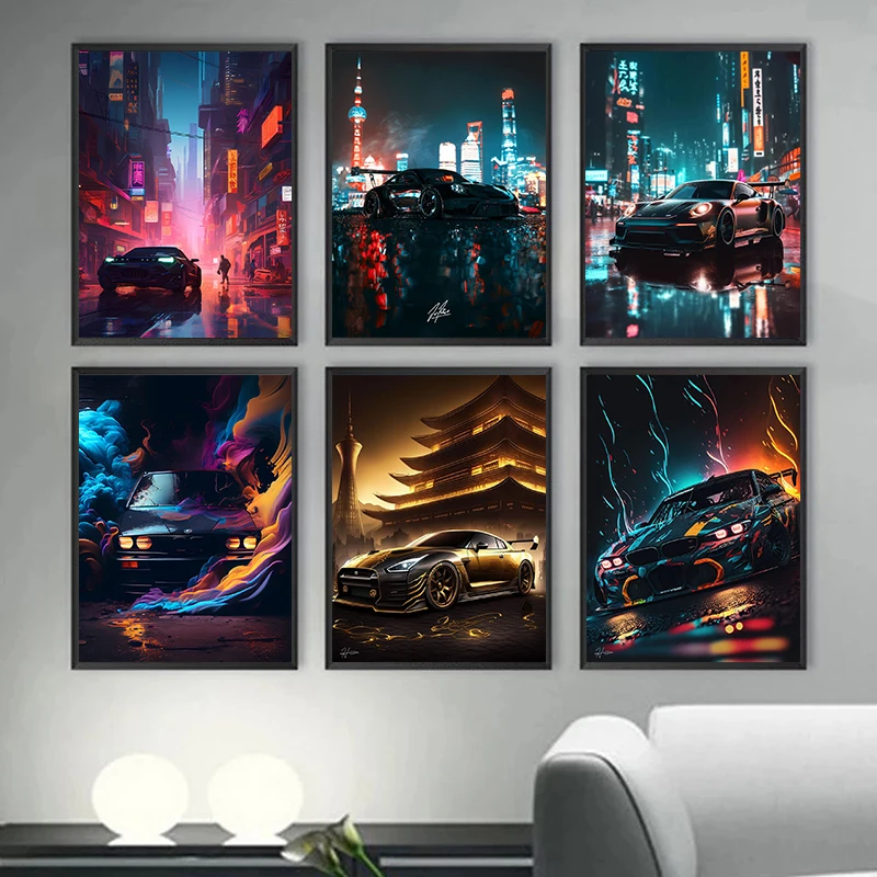 Pintura Lienzo Coches Vintage Neón