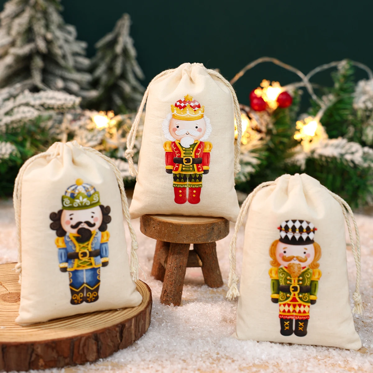 Christmas Nutcracker Watercolor Cotton Bag Navidad Natal Noel Gift Bag Merry Christmas Party Decor For Home 2024 New Year 2025