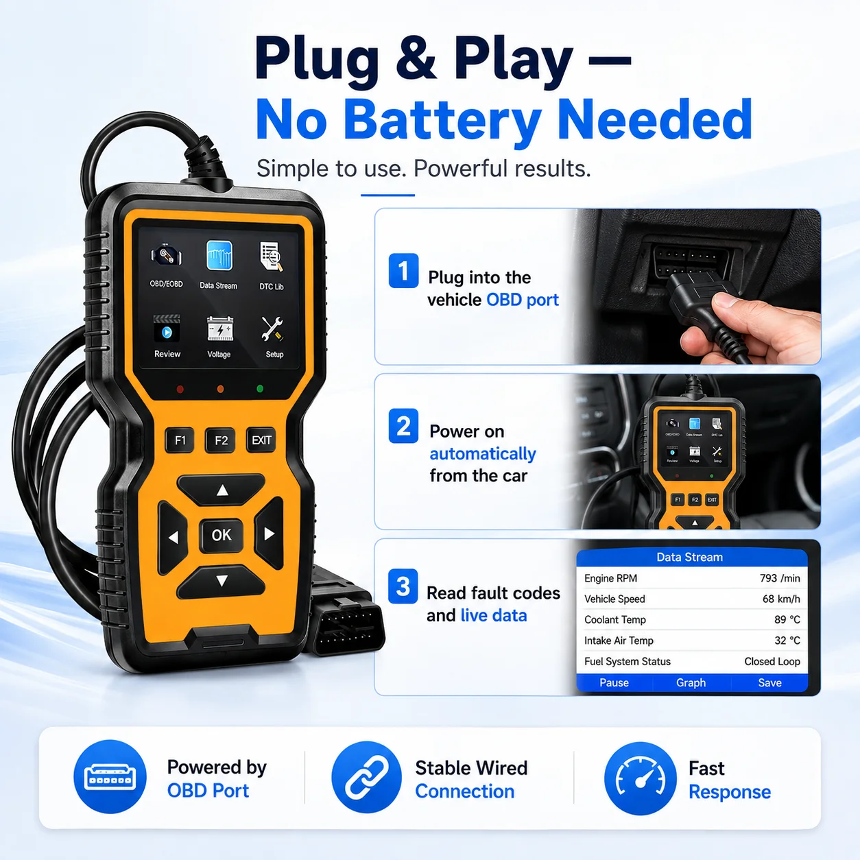 V519 Obd2 Car Diagnostic Tool Professional Engine Fault Code Reader Real-Time Data Stream Dtc Reading and Clearing I/M Readiness Status Obdii/Eobd Testing Tool
