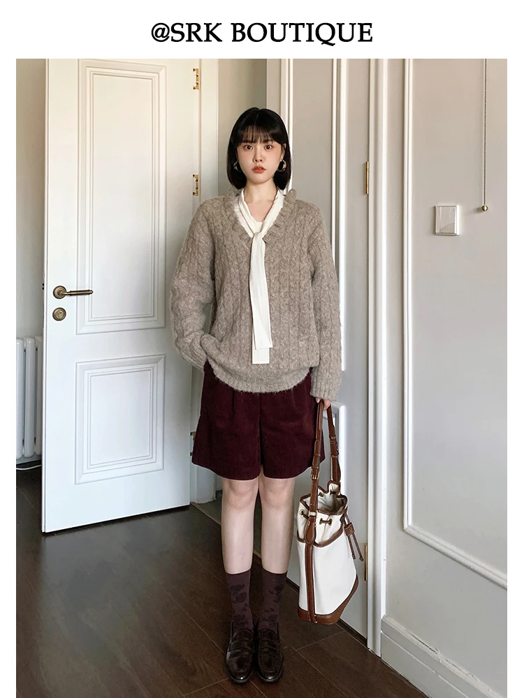 

SRK Lazy Sweater Heavy Work Oaeal Wool V Ne Knit Soft Warm Women's Faion Autumn Winter Color Long Sve Sweater