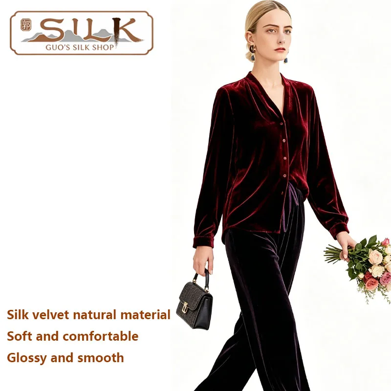 

High-end 100% Silk Velvet Women's Shirt Long-Sleeved V-Neck Elegant Dress Suitable for Outdoor Fashion, Business and Casual Wear