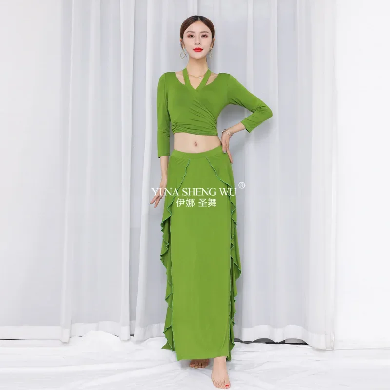 

Новые костюмы для танца живота, женский сексуальный восточный наряд для выступлений, зеленый модальный топ и длинная юбка, комплект тренировочной одежды для женщин
