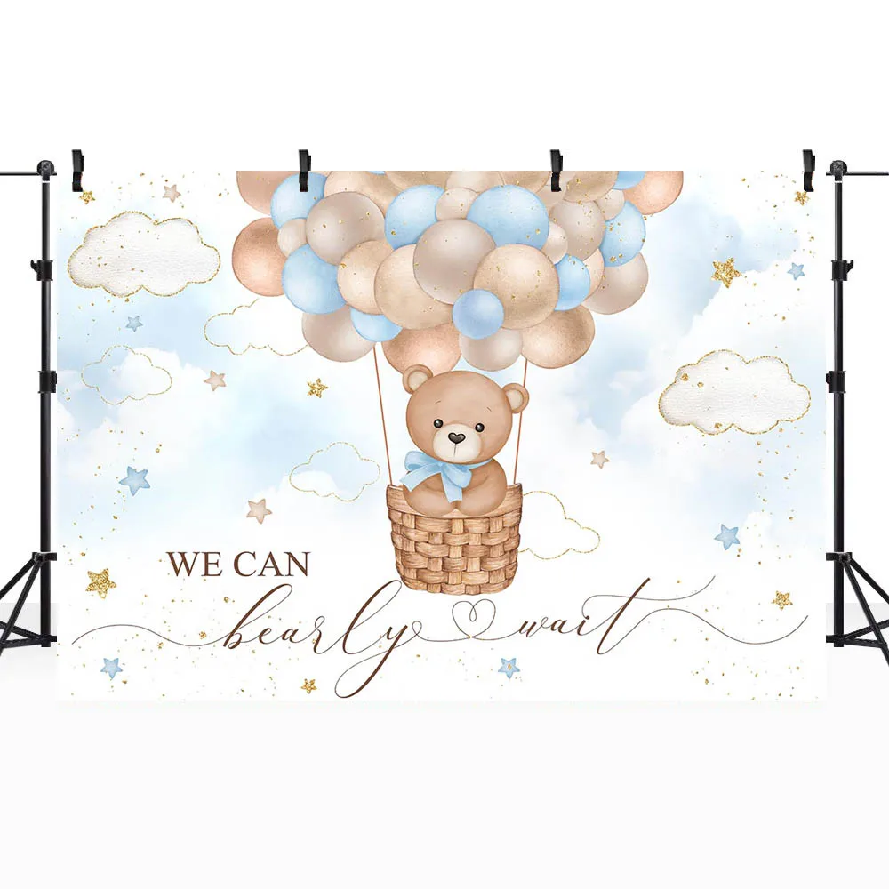 Moclicka latar belakang Pancuran bayi beruang biru balon udara panas dekorasi pesta selamat datang anak laki-laki Kami dapat menunggu mutiara spanduk latar belakang foto