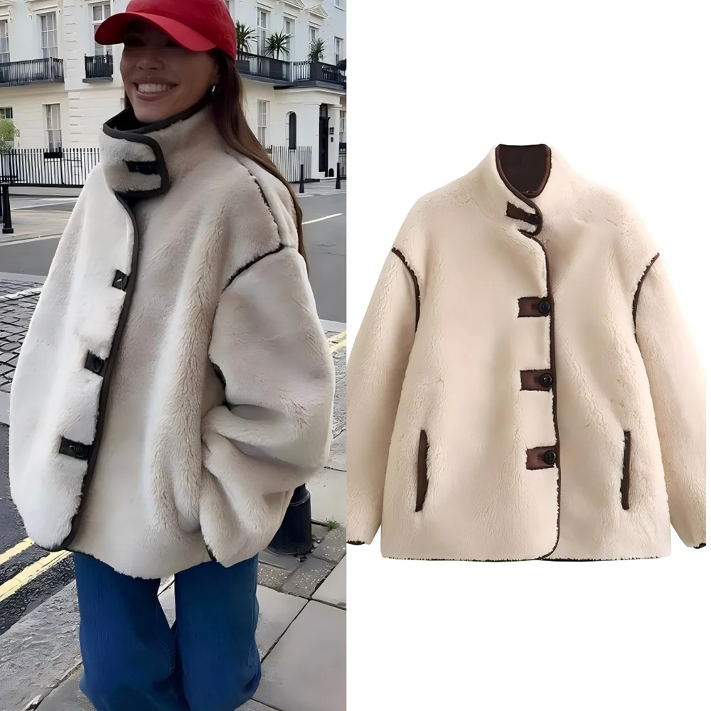 

Women's winter fashion warm stand collar loose Fur Faux Leather Coat retro long sleeved Button-up women's Coat chic top