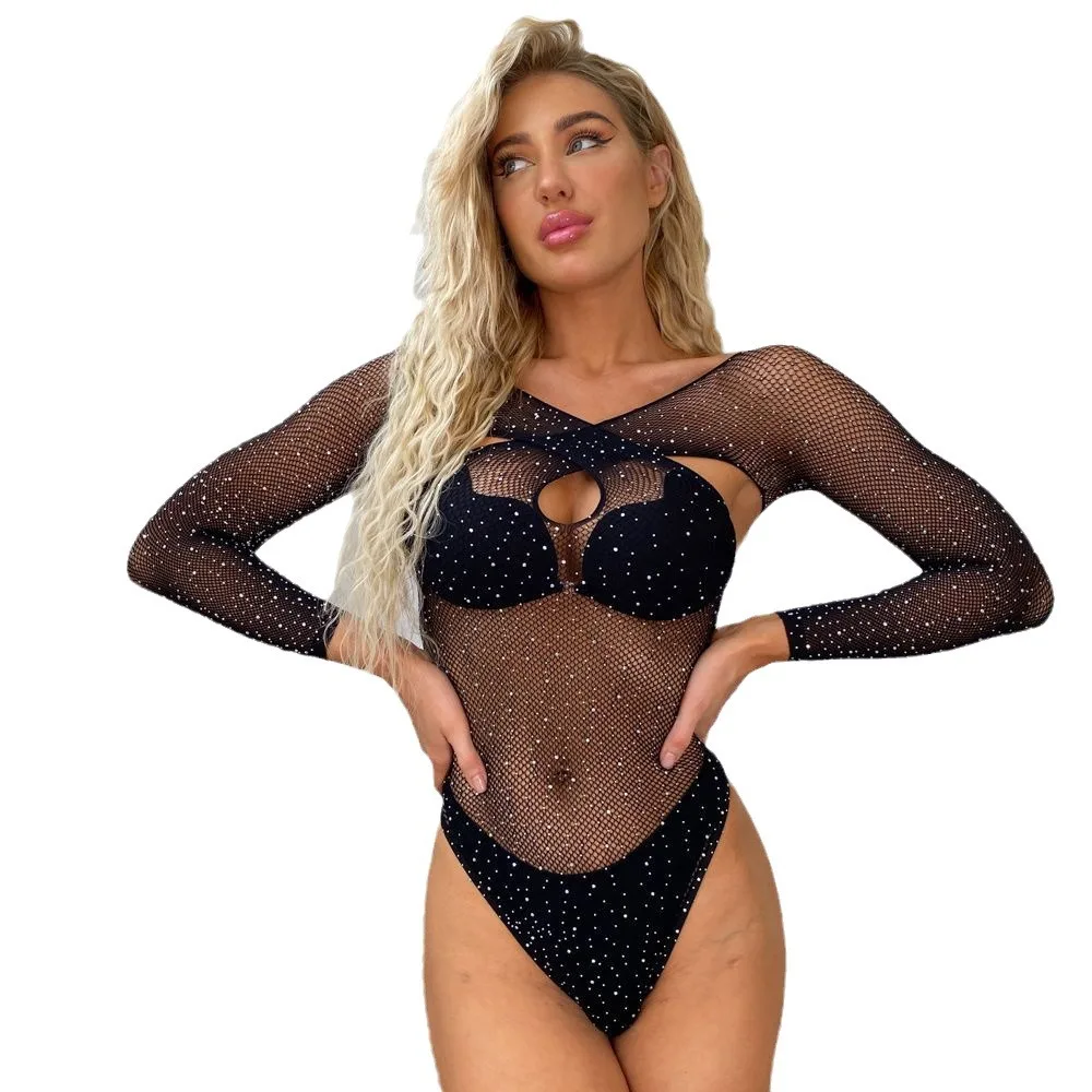 ملابس داخلية مثيرة ماسية لامعة بأكمام طويلة شبكة ، عبر الحدود ، ملابس داخلية نسائية ، ساخنة