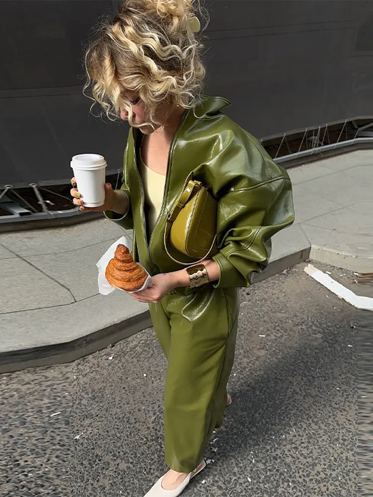 Stylish Leather Solid Jacket Pants Set Women Stand Collar Zipper Coat Loose Trousers Sets Female 2026 Autumn Lady Streetwear New