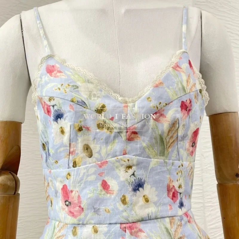 Floral Print Sleeveless Sling Pleat Backless Lace Patchwork Mini Dress 2025 Linen