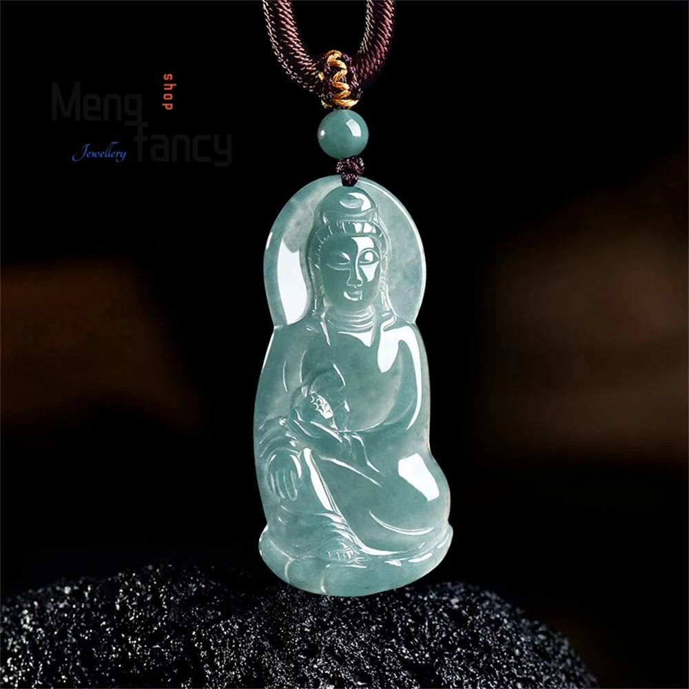 Natural AGrade Icy Blue Water Jadeite Guanyin Bodhisattva Pendant Fashion Lucky Gemstone Jewelry Daily Wear Best Exquisite Gift