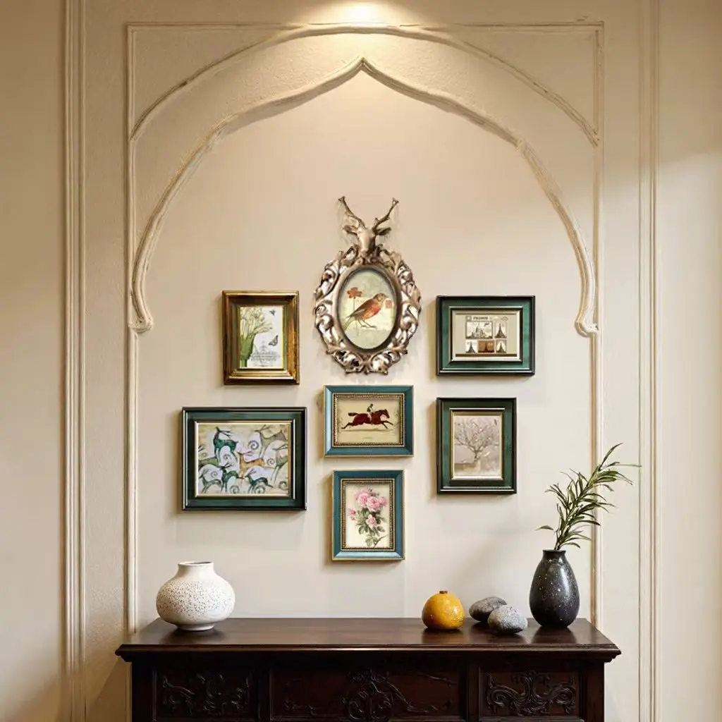 Vintage Solid Wood Photo Wall with a High-End Feel, American-Style Picture Frame Wall for the Living Room, Vintage American-Style Wall-Mounted Decorative Painting Set