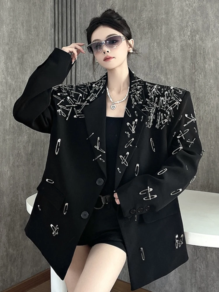 YERMORA Black Metal Pin Big Size Design Blazer For Women Lapel Long Sleeve Loose New Jacket Fashion Tide Spring Autumn 2025