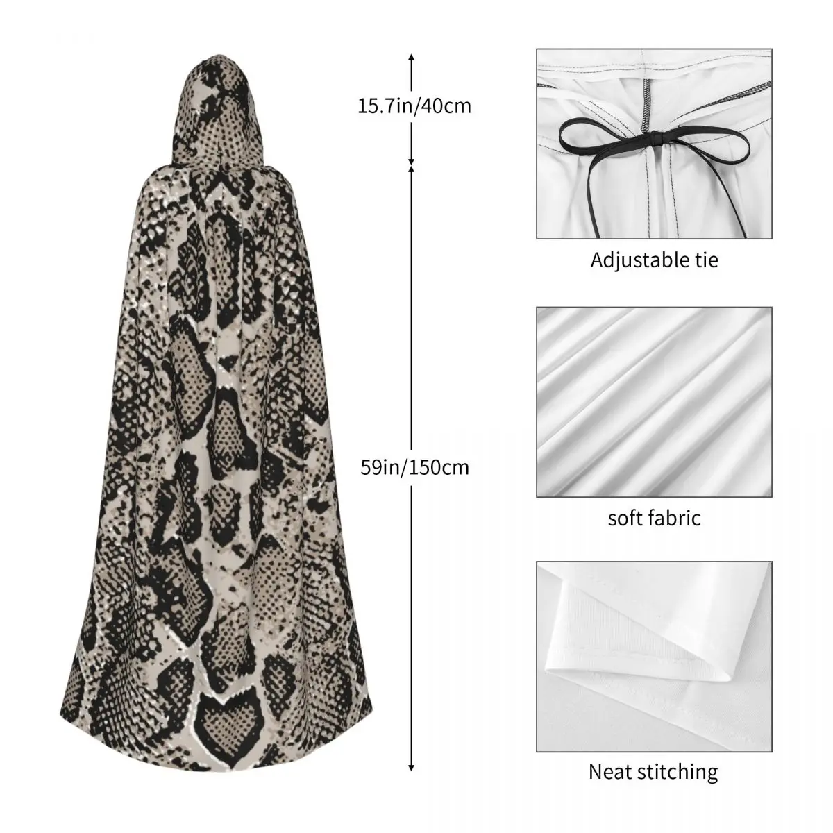 Adult Cloak Cape Hooded Vintage Snake Skin Medieval Costume Witch Wicca Vampire Elf Purim Carnival Party