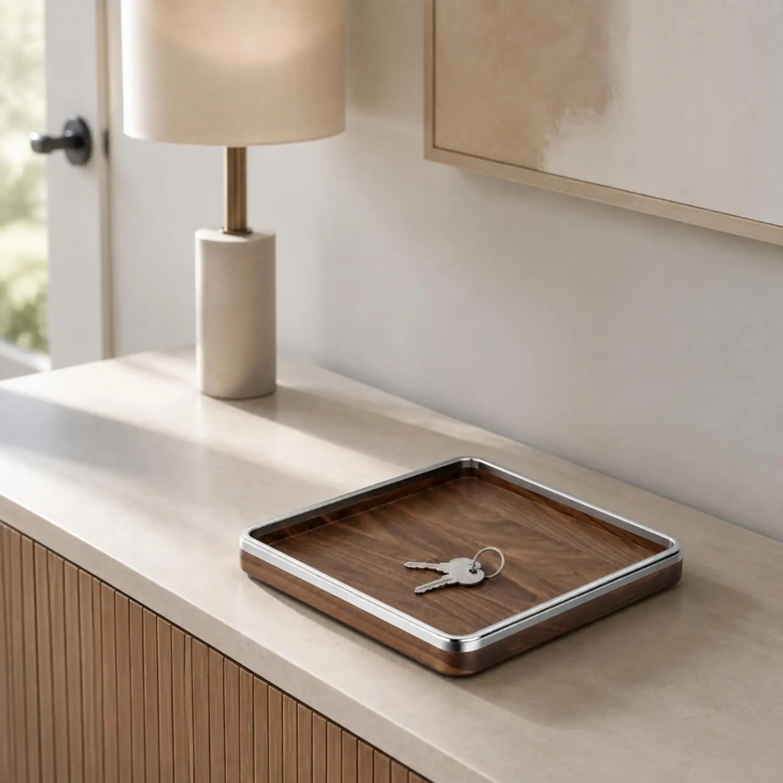 Decorative Square Storage Tray Wood Stainless Steel Walnut Finish for Coffee Table Organization
