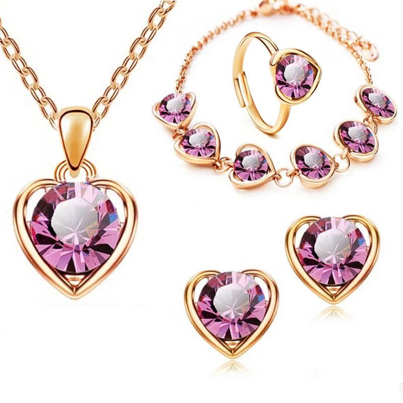 Fashion Bridal Wedding Jewelry Set Gorgeous Crystal Heart Necklace Rings Earrings Bracelet Women Anniversary Birthday Gifts